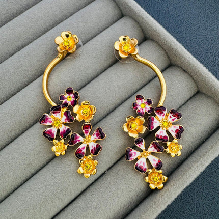 Oscar European and American Style Long Retro Old Flower Enamel Earrings High-End Niche Design Asymmetric Earrings