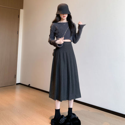 Women's Autumn and Winter New Thickened Woolen Pleated Skirt High Waist Slimming Loose plus size Elasto Mid-length Overskirt