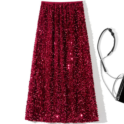 B1677 2025 Autumn New Fashion Sequin Stretch Bodycon Skirt, Figure-Flattering Back Slit Pencil Skirt