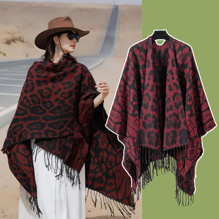 Leopard Split Towel Warm Tassel Shawl Thickened Xizang Northwest Desert Windproof Cape Women's Travel