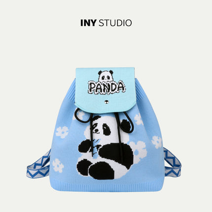 Grandpa Panda Cartoon Knitted Bag Women's Handbag Spring and Summer Popular Large Capacity Shoulder Drawstring Bag Versatile Backpack