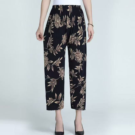 Foreign Trade Plus Size Middle-aged and Elderly Summer Thin Breathable Nine-point Flower Pants Mom Pants Ice Silk Loose Straight Pants