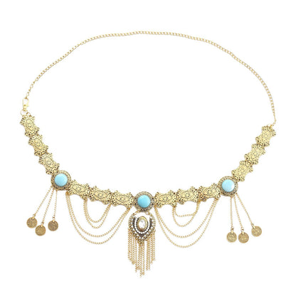 New Cross-Border Ethnic Style Turquoise Metal Waist Chain European and American Retro Tassel Coin Waist Decoration Beach Body Chain