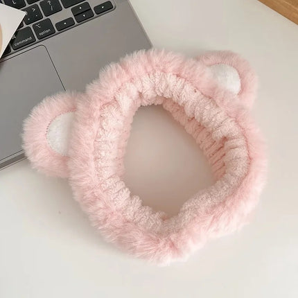 Strawberry Bear Plush Ear Headband for Washing Face, Hair Tie, Face Mask, Makeup, Bear Headband, Heart Bangs