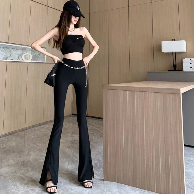 Design sense of chain split pants female 2023 spring and summer new hot girl high waist thin all-match
