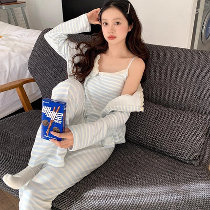 Milk Blue Striped German Velvet Pajamas Three-piece Set Women's Autumn and Winter New Arrival Long-sleeved Cardigan Trousers Home Clothes suit