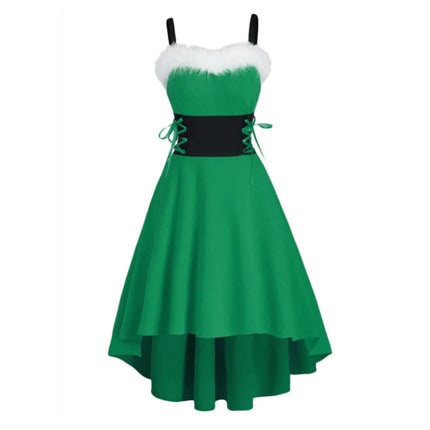 Cross-border foreign trade hot Christmas clothing bunny fur collar off-the-shoulder waist bow sling dress