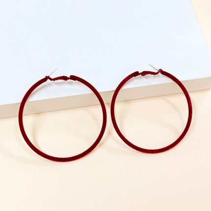 Autumn and Winter new wine red flocking big circle earrings exaggerated ring earrings retro simple ear jewelry European and American style