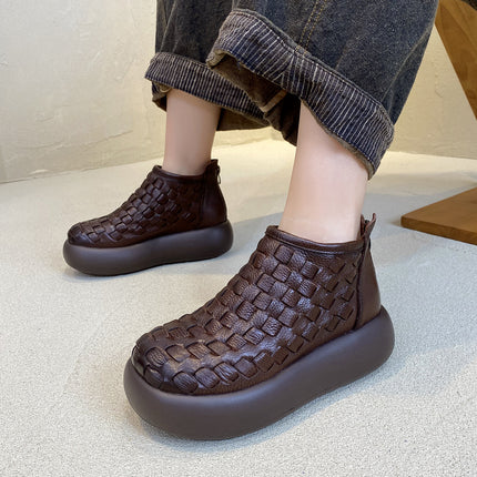 Retro Casual Thick-Soled Platform Shoes Hand-Woven Genuine Leather Short Boots for Women 2025 Autumn and Winter New First-Layer Cowhide Short Boots