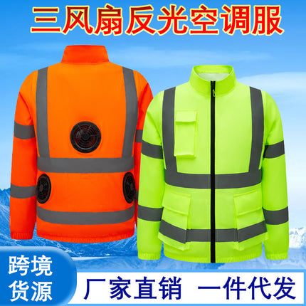 Cross-border Summer Reflective Strip Air-conditioning Suit Coat Clothes with Fan Printable and Embroidered Safety Work Clothes for Men