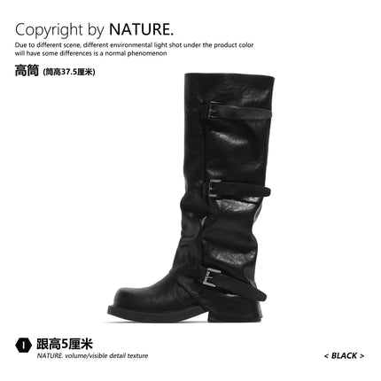 Thick-Soled Belt Buckle Trouser Boots for Women, Pleated Soft Leather Square and Round Toe Mid-Calf Boots, Autumn and Winter New High-Top Knight Boots