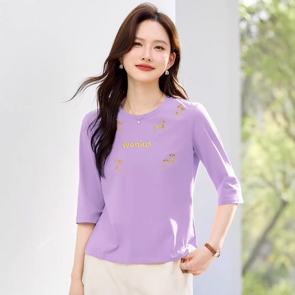 Summer T-Shirt for Petite Women, Korean Style, Loose Fit, Versatile, Casual, Stylish, Fashionable, Round Neck, Elegant Women's T-Shirt, Wholesale