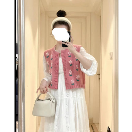 Spring 2023 New Loose Korean Style Sleeveless Knitted Pink Small Flower Sweater Vest White dress suit