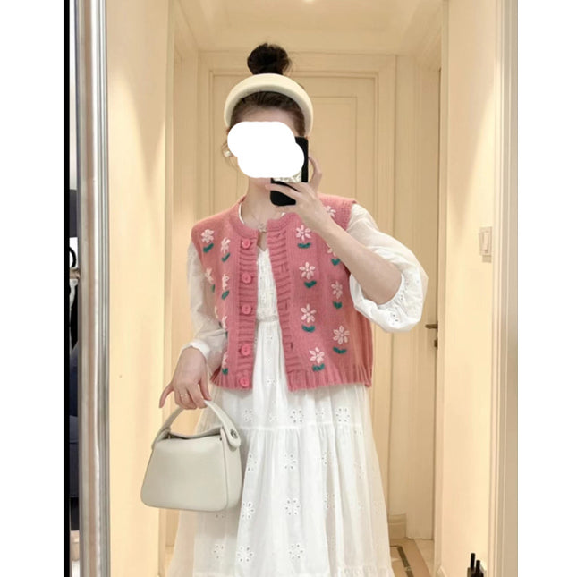 Spring 2023 New Loose Korean Style Sleeveless Knitted Pink Small Flower Sweater Vest White dress suit