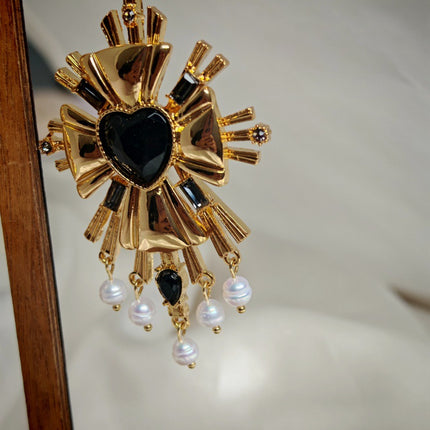 Cross-Border European and American Natural Pearl 925 Silver Needle New Heart Personalized Black Gold Earrings Earrings Earrings