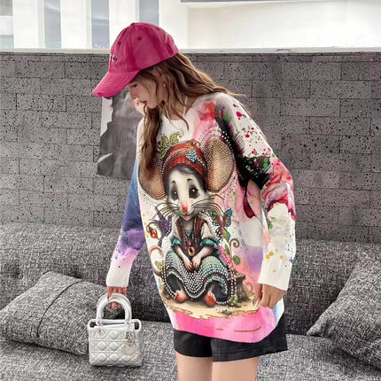 2025 Autumn and Winter New Heavy Industry Hot Drilling Tie-Dyeing Cartoon Sweater Women's Loose Fashion Top European Belly Covering Sweater