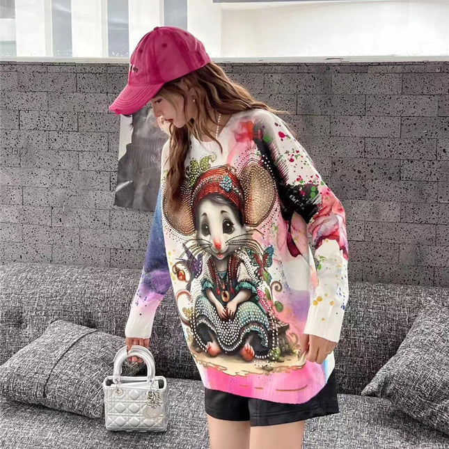 2025 Autumn and Winter New Heavy Industry Hot Drilling Tie-Dyeing Cartoon Sweater Women's Loose Fashion Top European Belly Covering Sweater