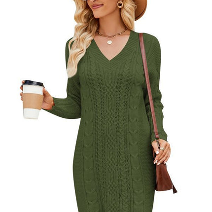 Cross-Border European and American Clothing Pure Color V Neck Long Sweater Dress Autumn and Winter Fashion Elegant Cable Bottoming Knitted Dress