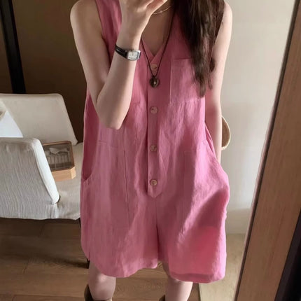 2025 Niche Summer New V Neck Pure Color Button Sleeveless Loose Casual Jumpsuit Shorts Women's Thin Trendy Ins Shorts