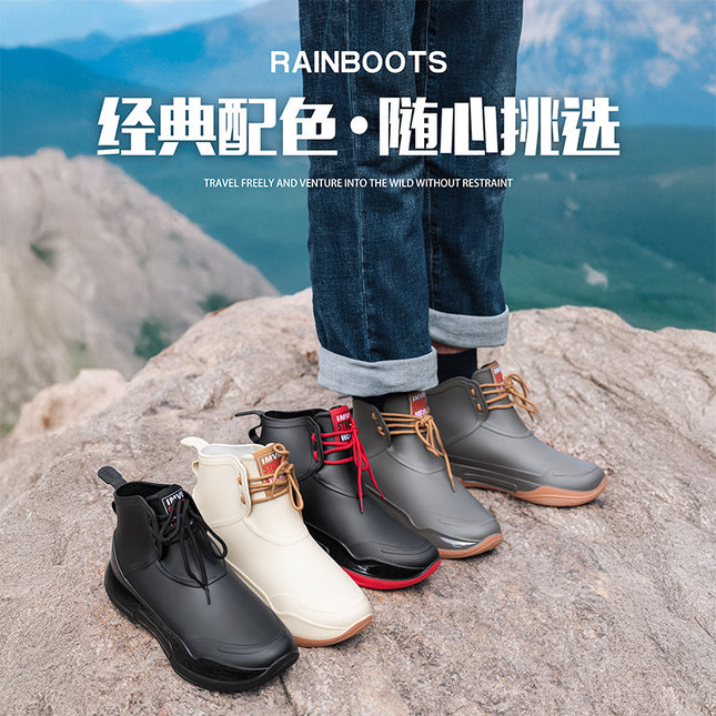 Men's and Women's Rain Boots, Mountain Waterproof Hiking Boots, Outdoor Mountaineering Rubber Shoes, Shoelace Design, Combat Boots, Rider Outdoor Waterproof Shoes