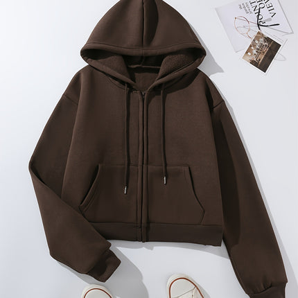 Warm Plush-Lined Solid Color Hoodie - Women's Casual Zip-Up