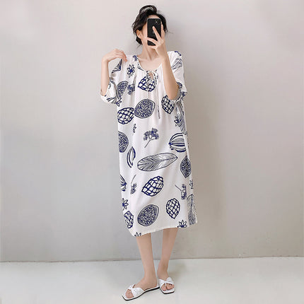 2026 New Cotton Silk Nightgown for Women, High-End Printed Short-Sleeved Long Dress, Large Size, Thin Style, Can Be Worn Outside as Loungewear