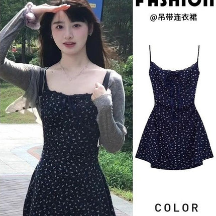 Blue Purple Floral Sling dress Women's Summer 2025 New Arrival Short Short Skirt with Short Waist and Super Fire Sweet Style