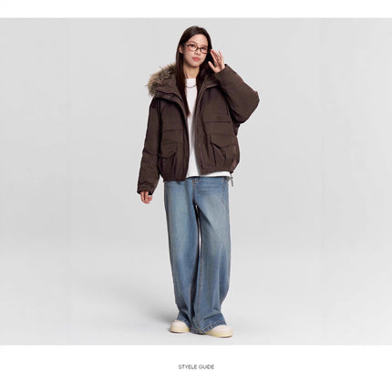 Jiamu Irregular Pocket Autumn/Winter American Baggy Jeans Unisex Loose Wide-Leg Straight Jeans for Men and Women