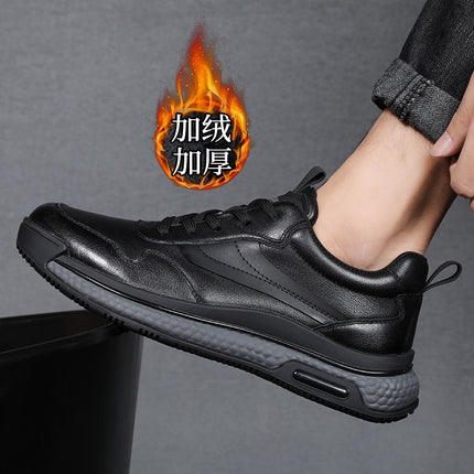 Genuine Leather Sneakers for Men, Autumn and Winter, Fleece-Lined, Warm, Casual Travel Shoes, Men's Popcorn Thick-Soled Dad Shoes 2638