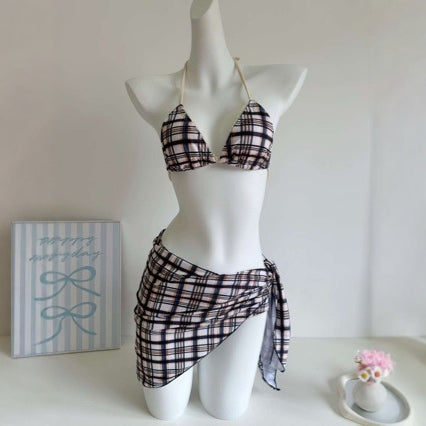 2024 Jenny Star Lace Retro Plaid Bikini Neck Tie-up Low Waist Drawstring Hot Spring Swimsuit for Women