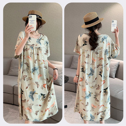 Cotton Silk Nightdress Women's Short-sleeved Artificial Cotton Pajamas Summer Thin Large Size Loose Home Clothes Simple Floral Dress