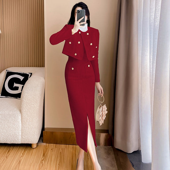High-grade red suit 2023 autumn and winter New Chanel style slim fit woolen coat two-piece set back-to-door clothes fashion