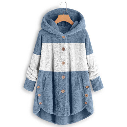 Amazon 2025 Autumn/Winter European and American Style Button-Up Hooded Cat Ear Plush Top Irregular Trendy Patchwork Jacket for Women