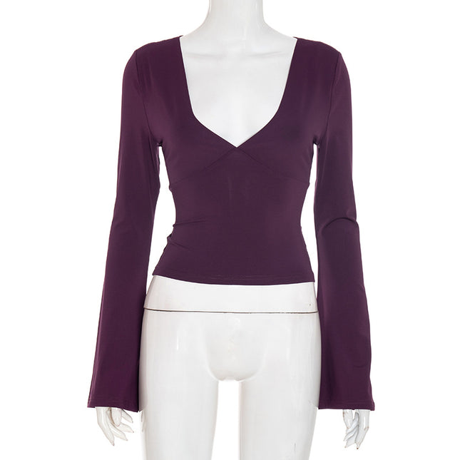 Sanhu Lianjiang Q25Tp278 European and American Clothing Sexy Sexy Style Pure Color Slim Low-Neck Figure-Showing Top Cross-Border