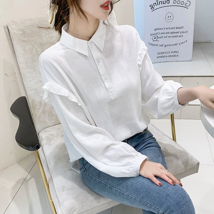 2025 Spring New Long Sleeve Chiffon Shirt Women's Lapel Doll Shirt White Western Style Shirt Ruffled Top