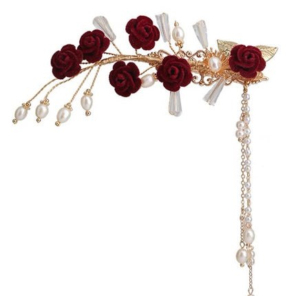 Toast Clothing Side Clip Headwear Tassel Side Clip Red Rose Hairpin Classical Cheongsam Hanfu Daily Accessories