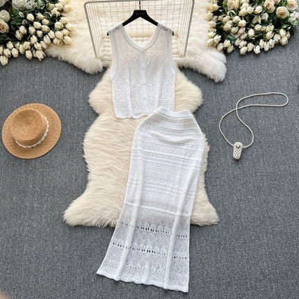 Korean Style Outfit with Elegant and Light Hollow Knitted Cardigan Vest and High-Waisted Half Skirt Holiday Style Two-Piece Set