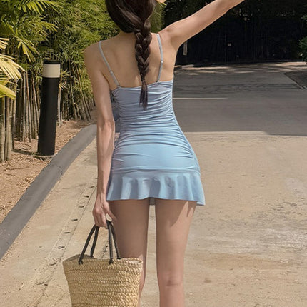 Korean New Skirt Swimsuit, Feminine Backless, Belly-Covering, Slimming Look, Conservative Pure Color, Simple One-Piece Hot Spring Swimsuit for Women
