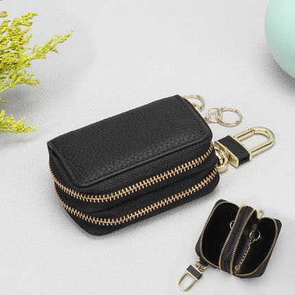 Foreign trade leather key bag matte big Li grain double zipper first layer cowhide car key bag universal key bag