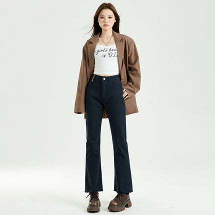Light Blue Denim Flared Jeans for Women, 2025 Autumn New High-Waisted Slimming Design with Frayed Edges