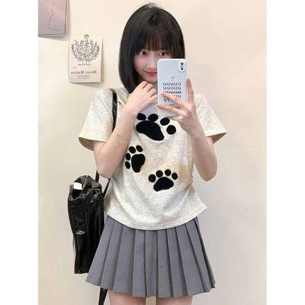 Flocked Cartoon Cat Paw Short-Sleeve T-Shirt for Petite Women, Sweet Girl Style, Height-Enhancing, Slim-Fit, Regular Shoulder, 2026 Summer New Model
