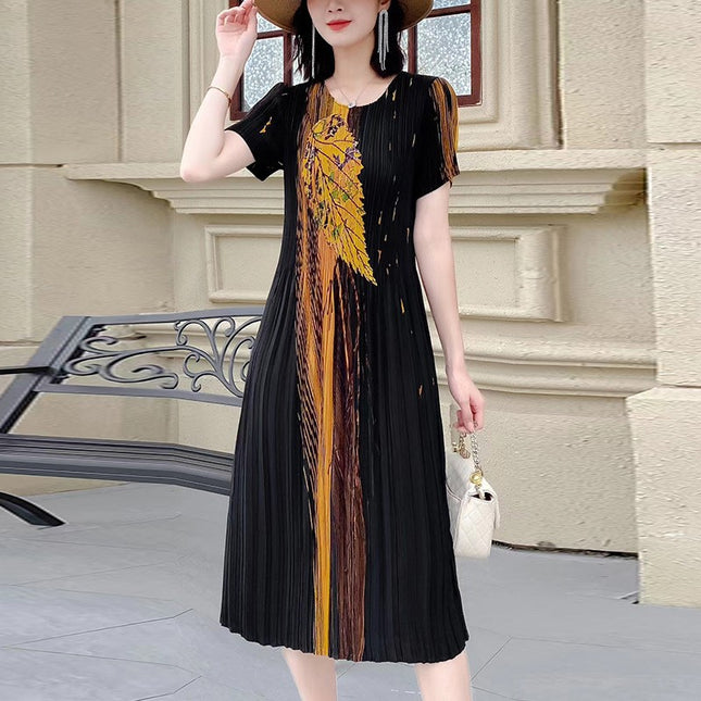 Miyake pleated 2025 summer new temperament round neck printed pleated skirt fashion waist thin magic dress