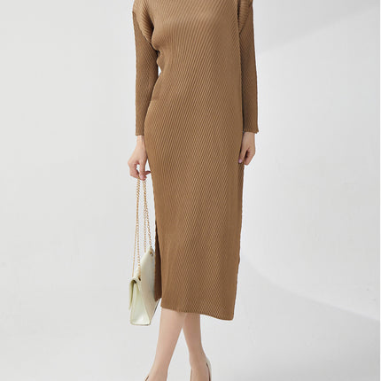 Early Autumn Women's Loose Long-sleeved All-match Fish-scale Pleated Miyake dress Western-style High-end Long Dress Elegant Base Dress