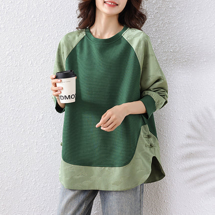 Real Shot of Green New Chinoiserie Jacquard Thin Sweatshirt for Women Spring and Autum Loose Large Size Fat mm Women's Splicing Top
