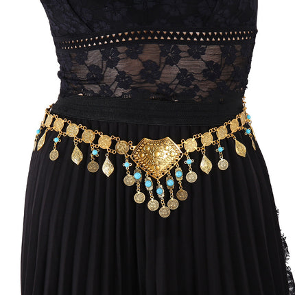 Bohemian Color Imitation Turquoise Waist Chain Ethnic Style Retro Love Coin Tassel Body Chain Female Xinjiang Travel Shooting