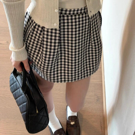 2026 New Early Spring Outfit: a Complete Set of Korean-Style Gentle Knit Cardigan and Plaid Suspender Skirt Set