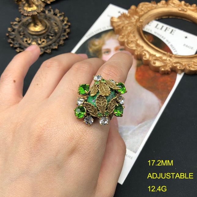 Retro Style Versatile Earrings Ring Leaf Design Copper Material Diamond Pink Crystal Topaz Old Gold Ring Set Jewelry