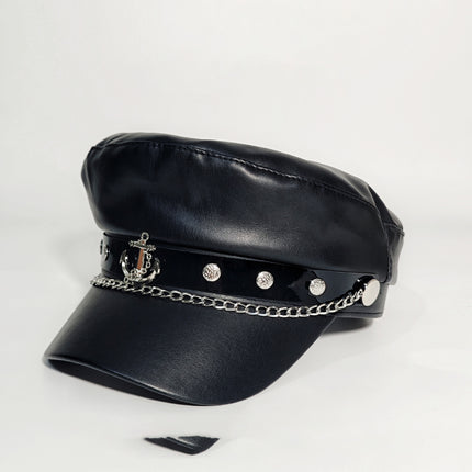 Korean Fashion Versatile Leather Pirate Ship Chain Navy Cap British Style Octagonal Cap Large Head Circumference Face-Slimming Duckbill Cap