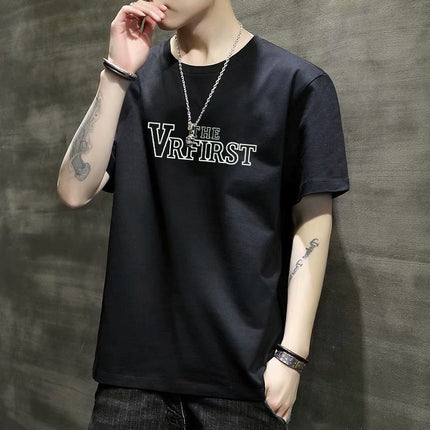 Men's Short-Sleeved T-Shirt 2023 Slim Fit Versatile Top Youth Korean Style Bottoming Shirt Printed T-Shirt Casual Round Neck
