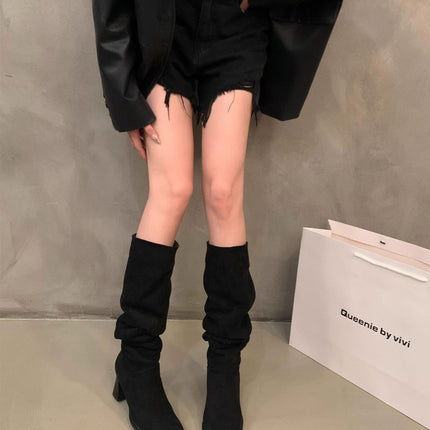 Women's Autumn Boots with Wide Calf Circumference, Square Toe, Long Slim Boots, Retro Style, Pleated Chunky Heel, High Tube Long Boots